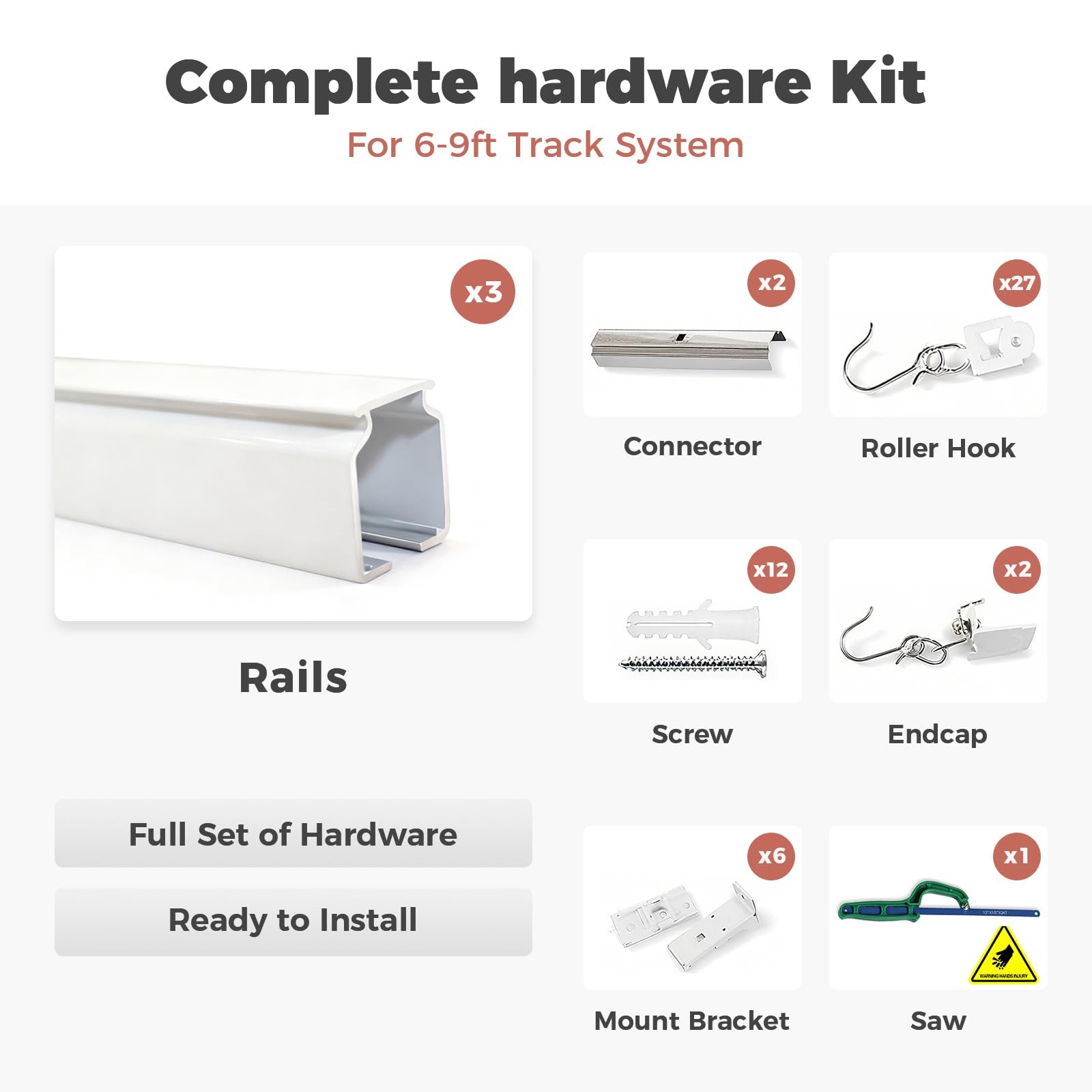 Ceiling/Wall Mount Curtain Track Rod Set with Hooks, 6ft – 9ft Adjustable Len…