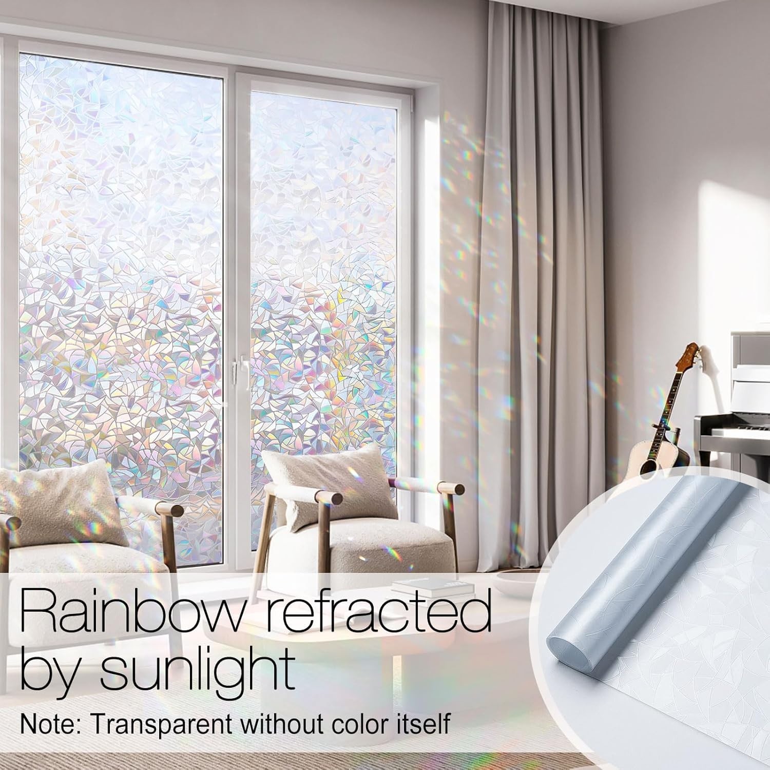 Non-Adhesive 3D Rainbow Window Film, UV Protection, Easy Install, 17.5 x 78.7