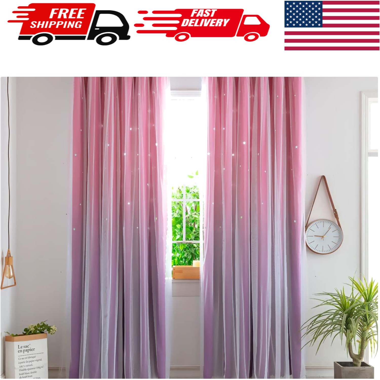 Whimsical Pink & Purple Kids Curtains with Stars – Dreamy Bedroom Decor – 63″