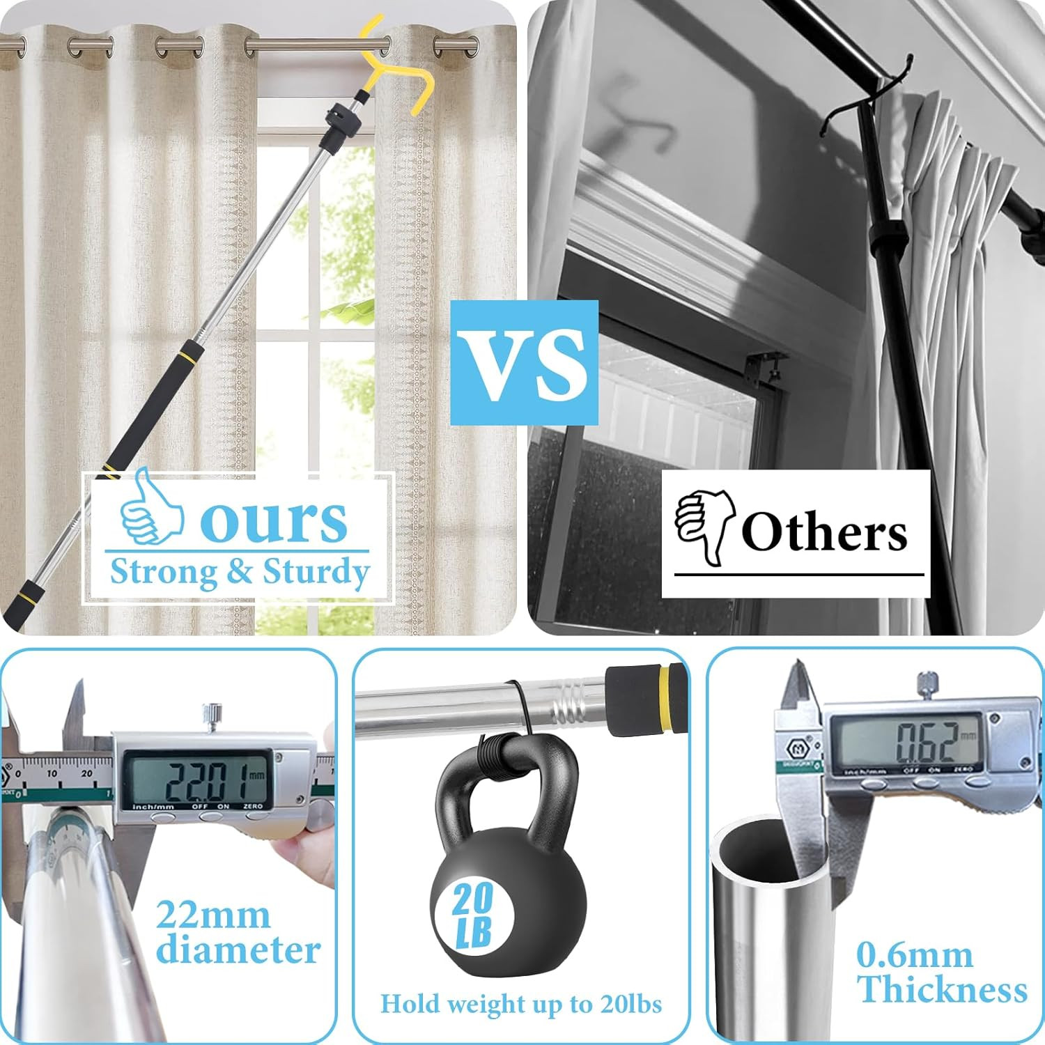 Curtain Pull Wand, Drapery Pull Rod for Curtains Adjustable 3-7.7 Feet Telescopi