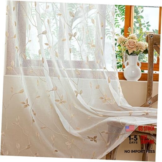 2 Panels Embroidered Leaf Pattern Semi 53″W x 84″L (Pack of 2) White Beige