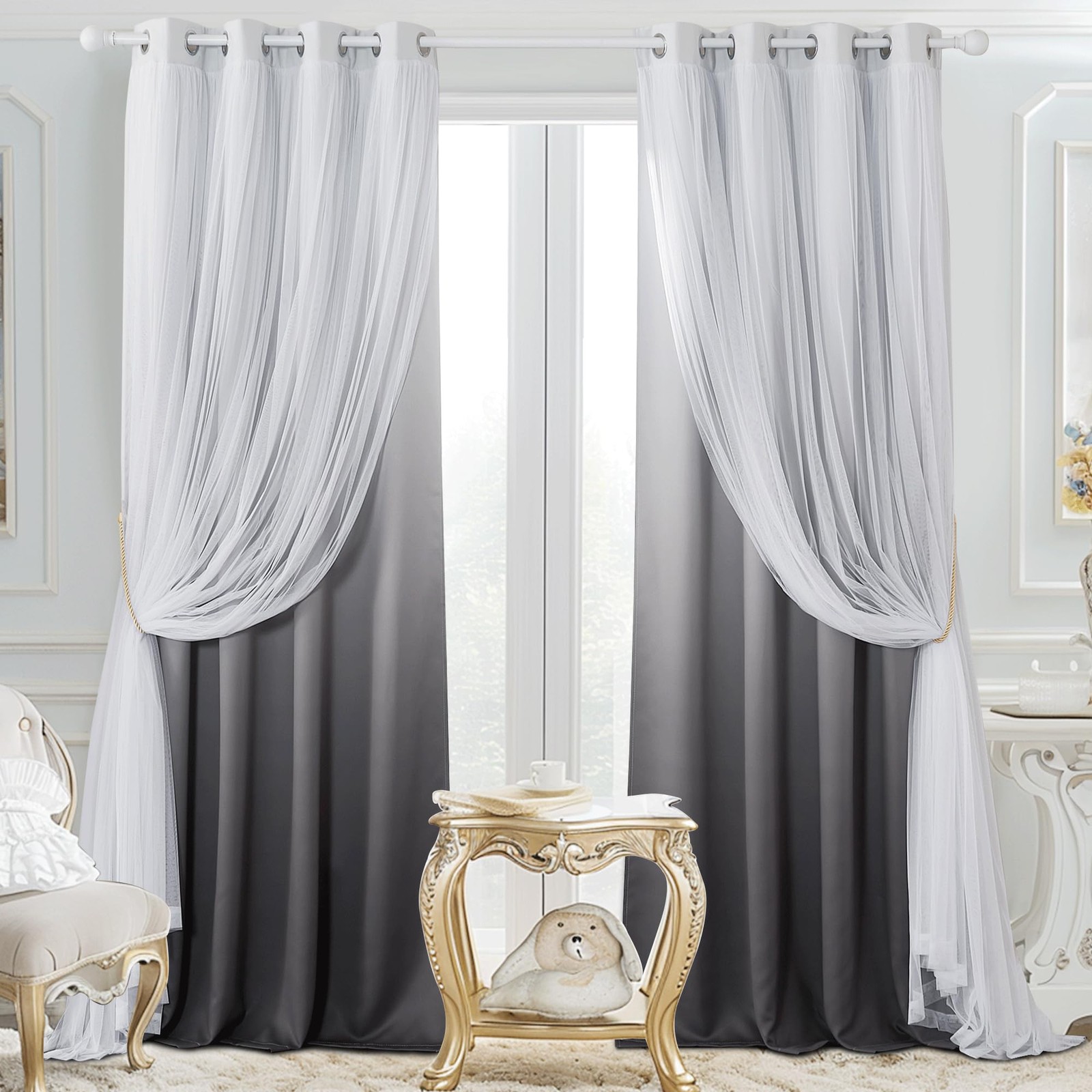 Living Room Curtains – Blackout Curtains Grey Ombre with White Sheer Overlay …