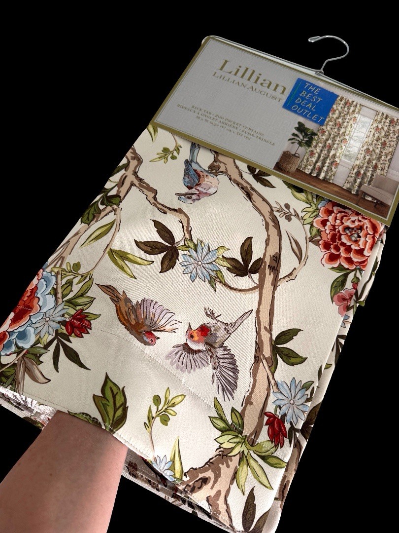Lillian August Window Curtains 2 Panels 38 x 96″ Cream Birds Drapers Back Tab