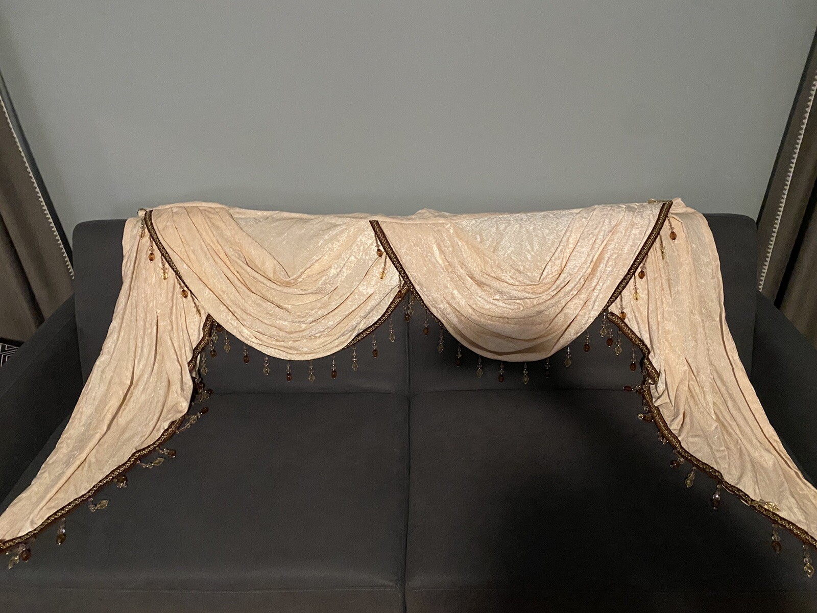 Elkca Beaded Chenille Waterfall Valance, Beige, 2 Swag, 59”