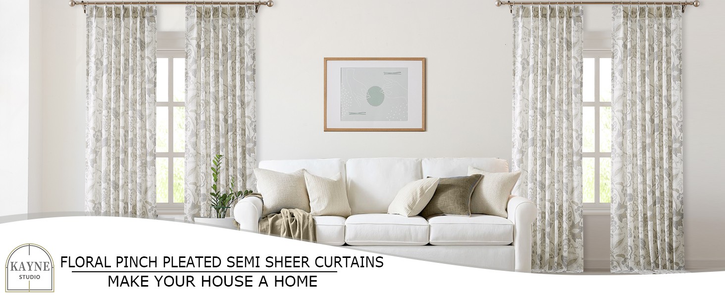 Floral Leaf Print Light Filtering Curtains Grey Linen Botanical Leaf Flower