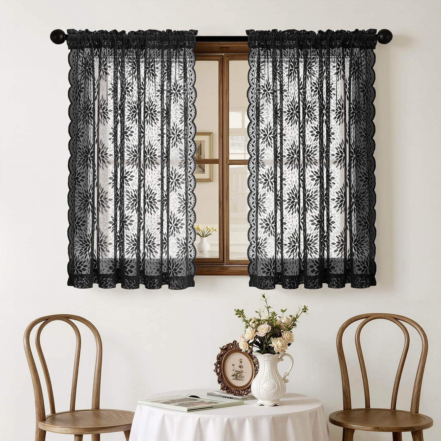 Black Lace Curtains 54 Inch Length, Victorian Floral Semi Sheer Tier