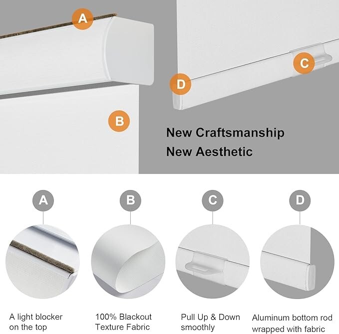 Clearance White Free-Stop Cordless 100% Blackout Roller Shades for Window Blinds