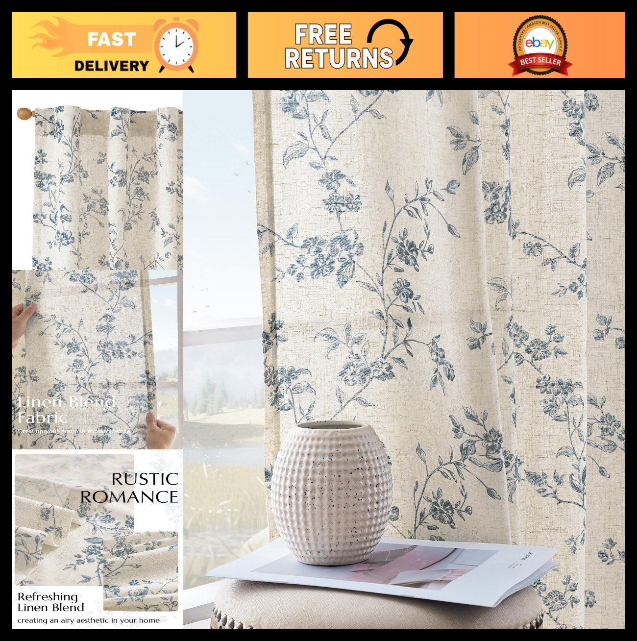 Blue Floral Linen Curtains 84″ French Country Back Tab – 2 Panels, Home Decor