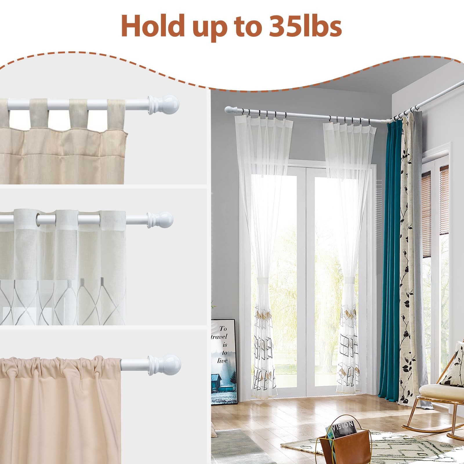 Corner Curtain Rod 32-134″ White 1 Inch Heavy Duty Metal L Shaped Rod