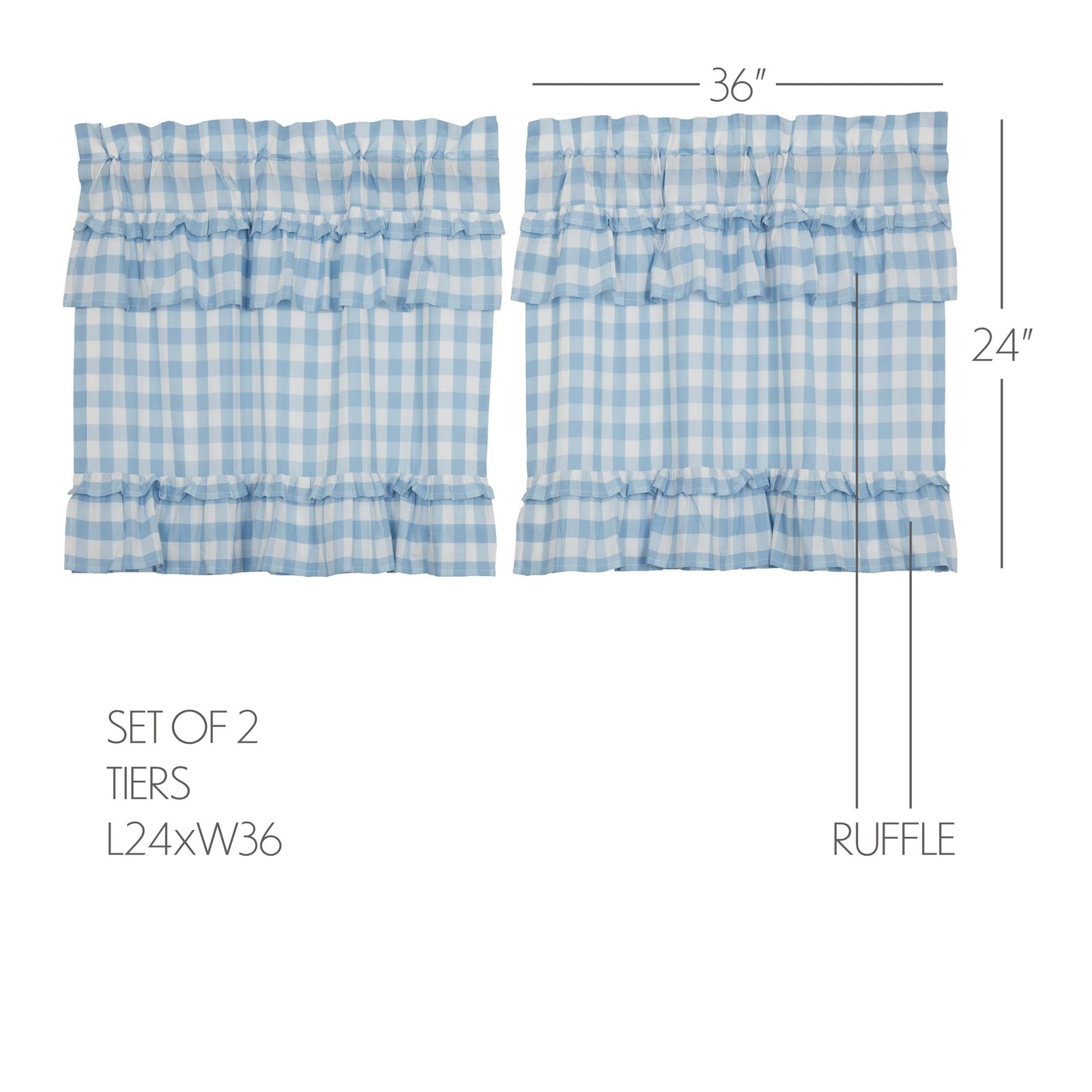 Annie Buffalo Blue Ruffled Set (1 Valance 16×72 ; 2 Tier 24×36) VHC Brands