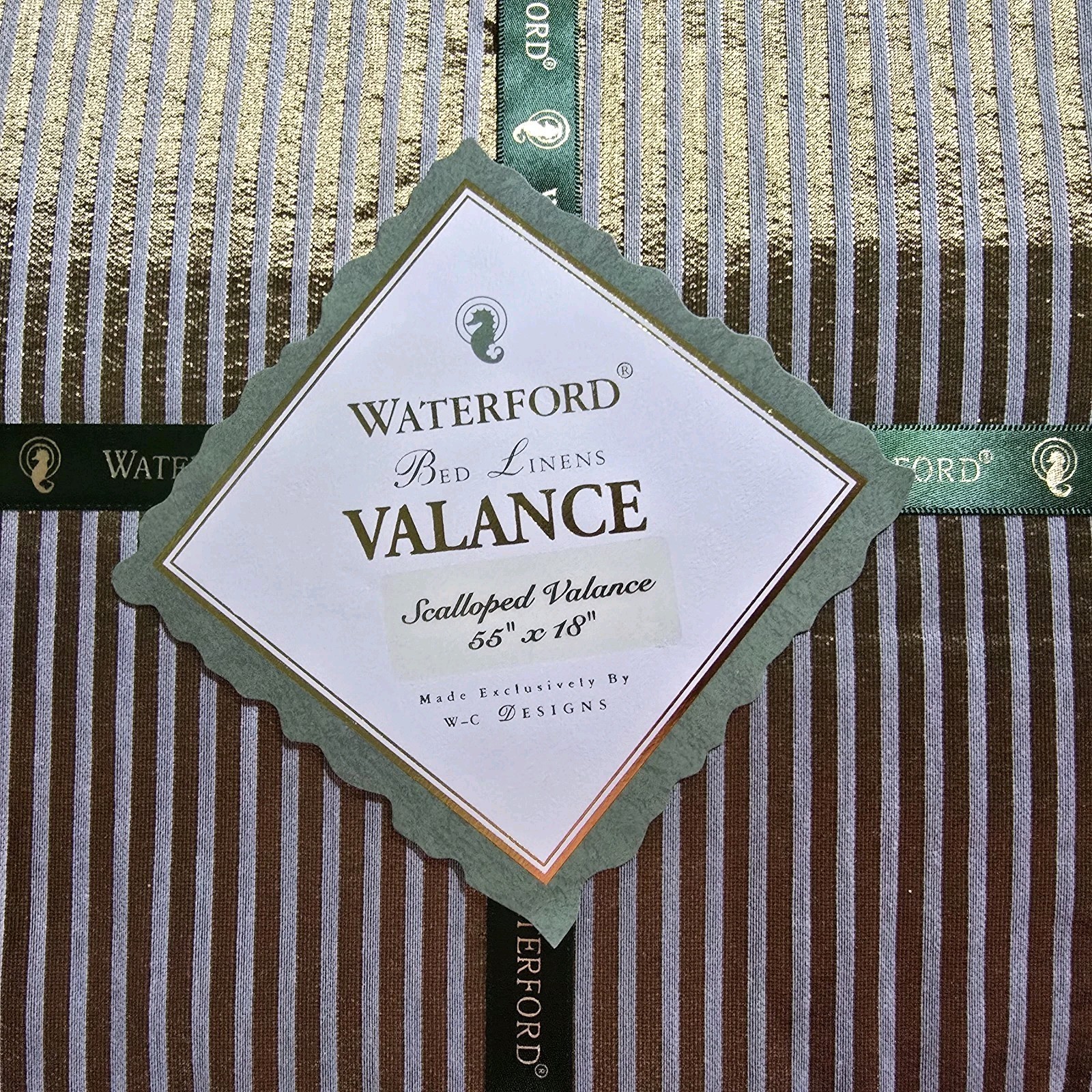 NEW WATERFORD LINENS Farrell Silver Gold Stripe Scalloped Valance 55″ x 18″