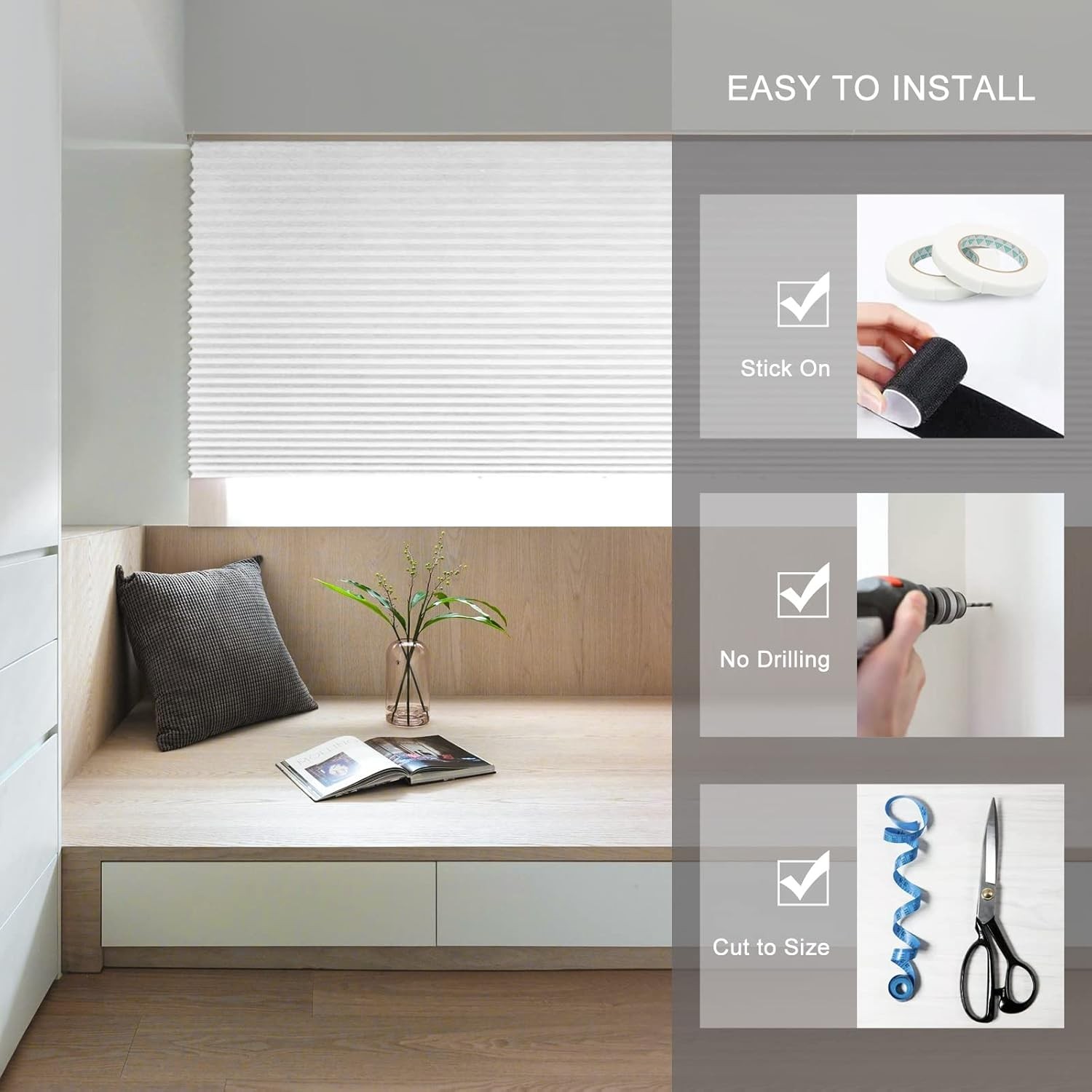 Cordless Pleated Window Shades Temporary Light Filtering Blinds 36×72 White