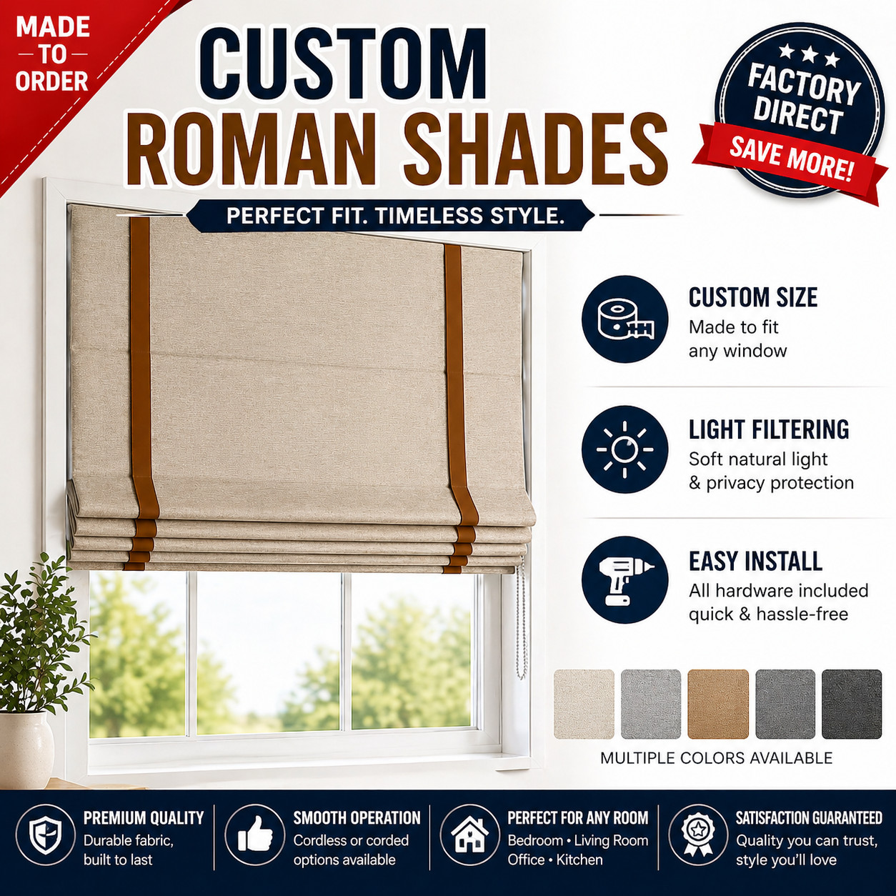 Custom Roman Shades – Made to Measure Window Blinds – Factory Direct Best Value