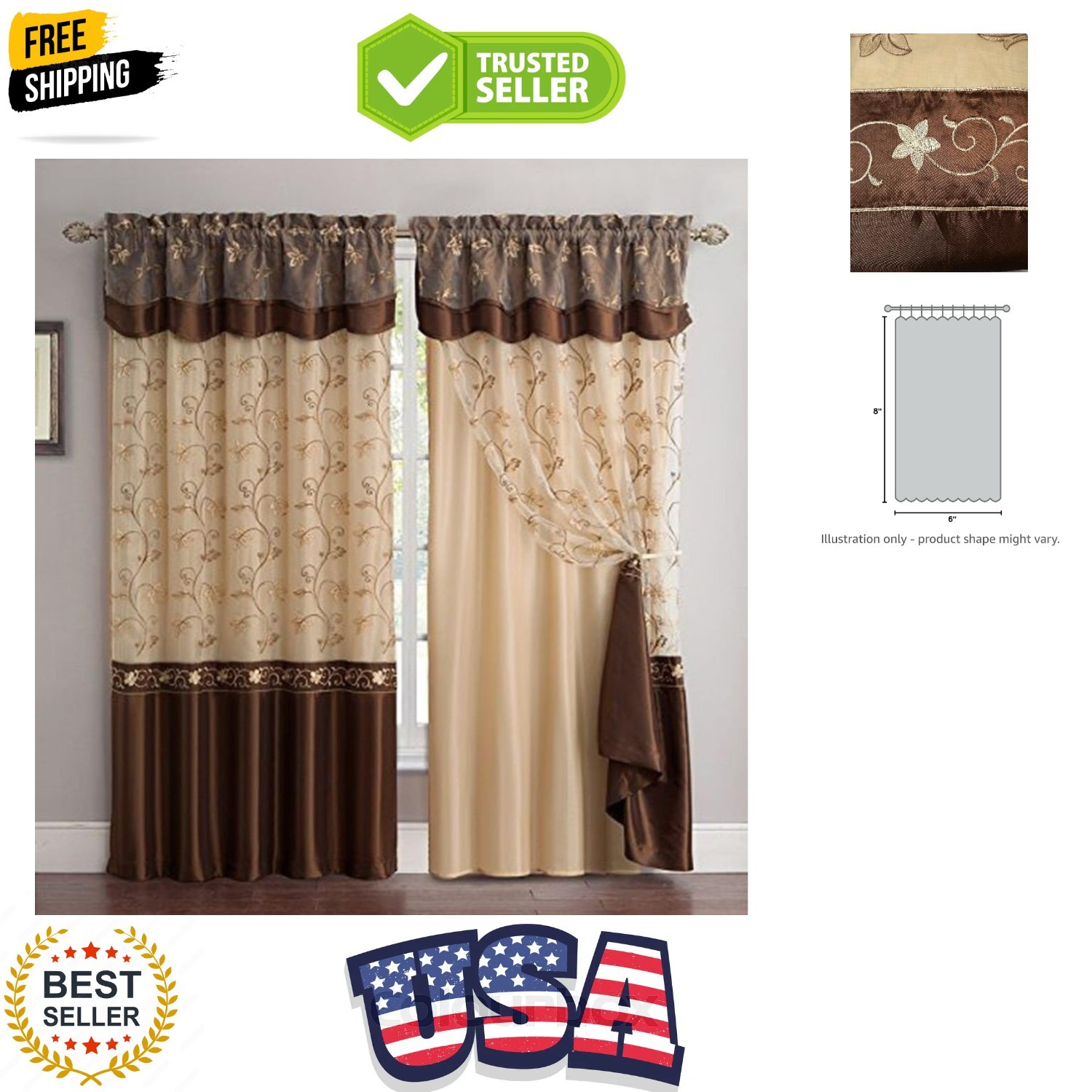 Fancy Collection Embroidery Curtain Set Drapes with Backing & Valance Brown, …