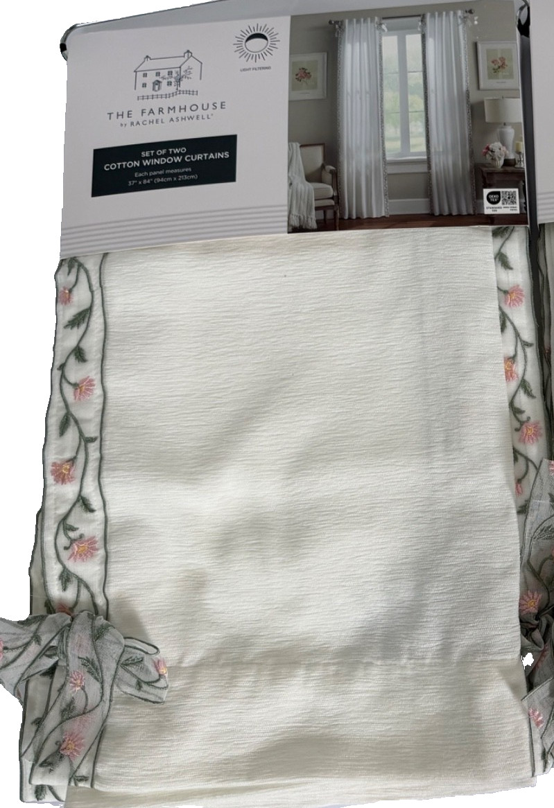 New Rachel Ashwell the Farmhouse Floral Border Bow Drapes 37″ x 84″ Set of 4
