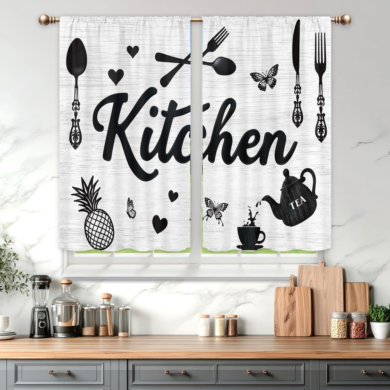 Black and White Kitchen Curtains for Bedroom 27.5Wx39H Inch Rod Pocket Farmho…