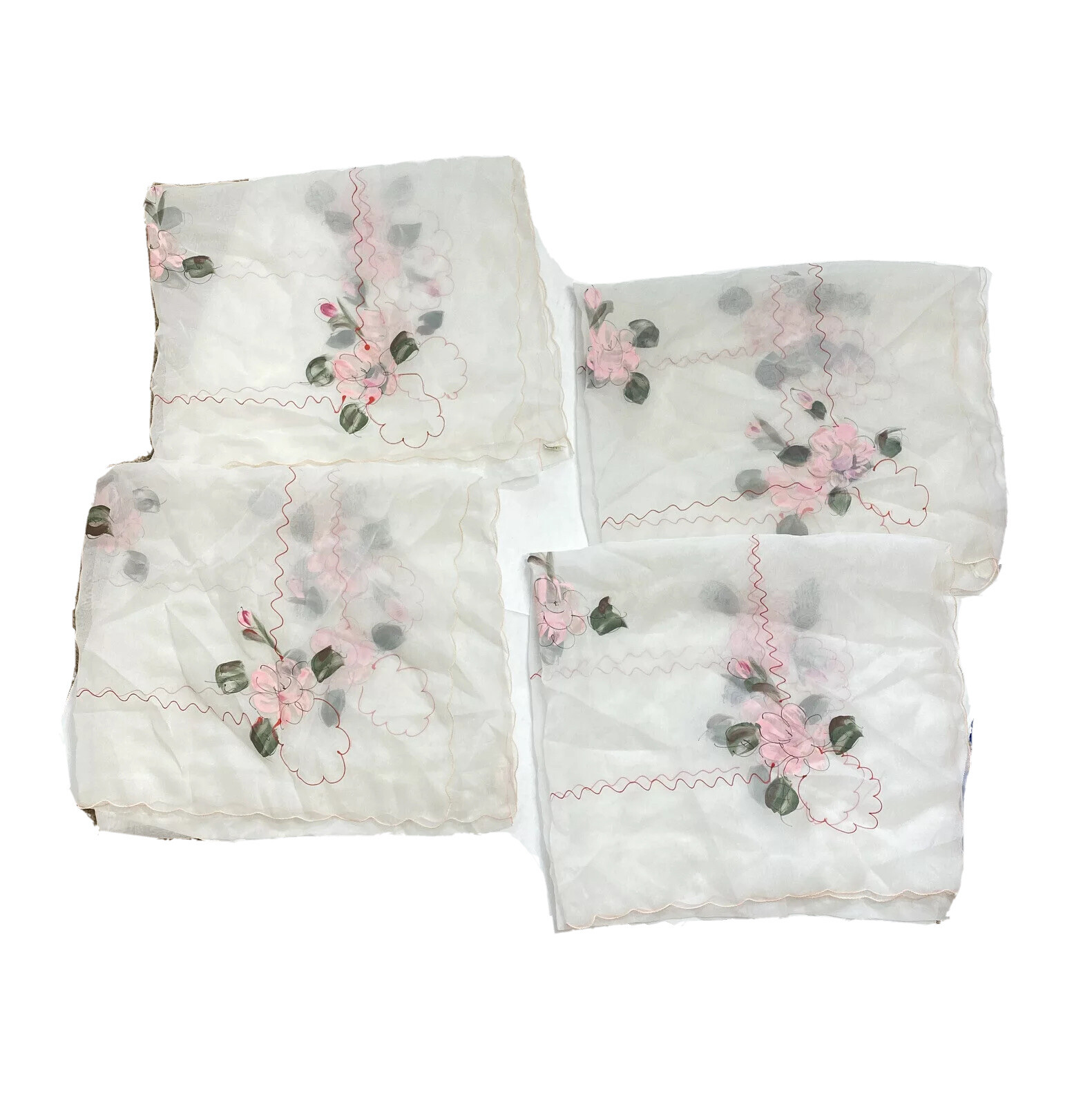 Vintage 1960s Sheer White Valances Curtains 4 Made Japan Hand Painted Pink Red