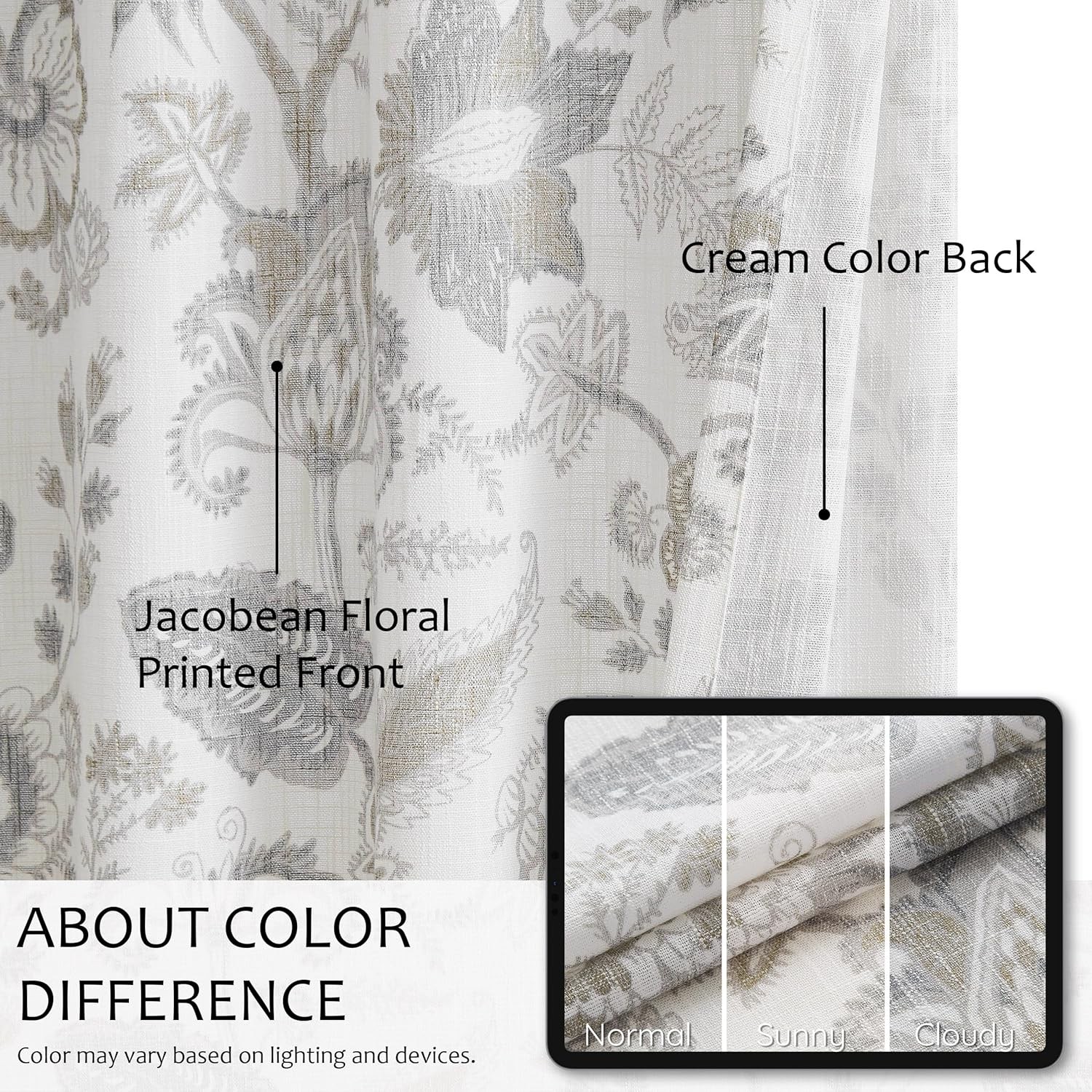 Floral Leaf Print Light Filtering Curtains Grey Linen Botanical Leaf Flower