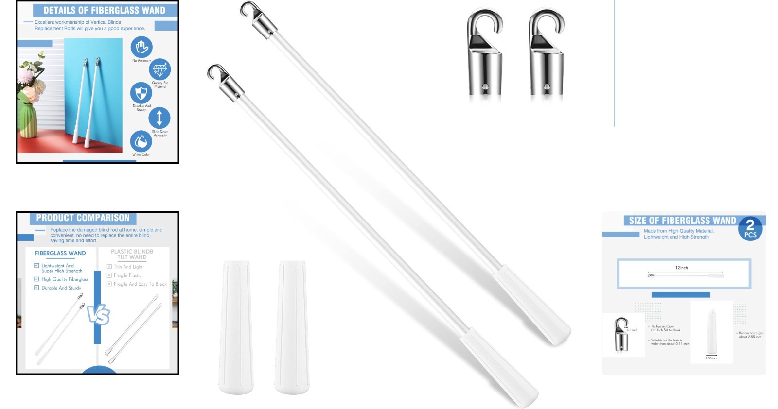 Effortless Operation: 12-Inch White Vertical Blind Wand Replacement Kit – 2-Pack