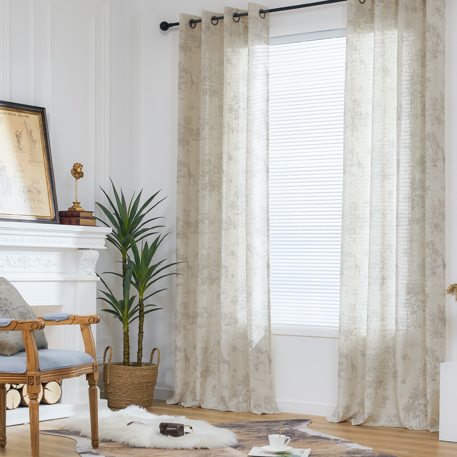 84 ” Long French Country Curtains Toile Printed Linen Sheer Drapes Grommet Grey