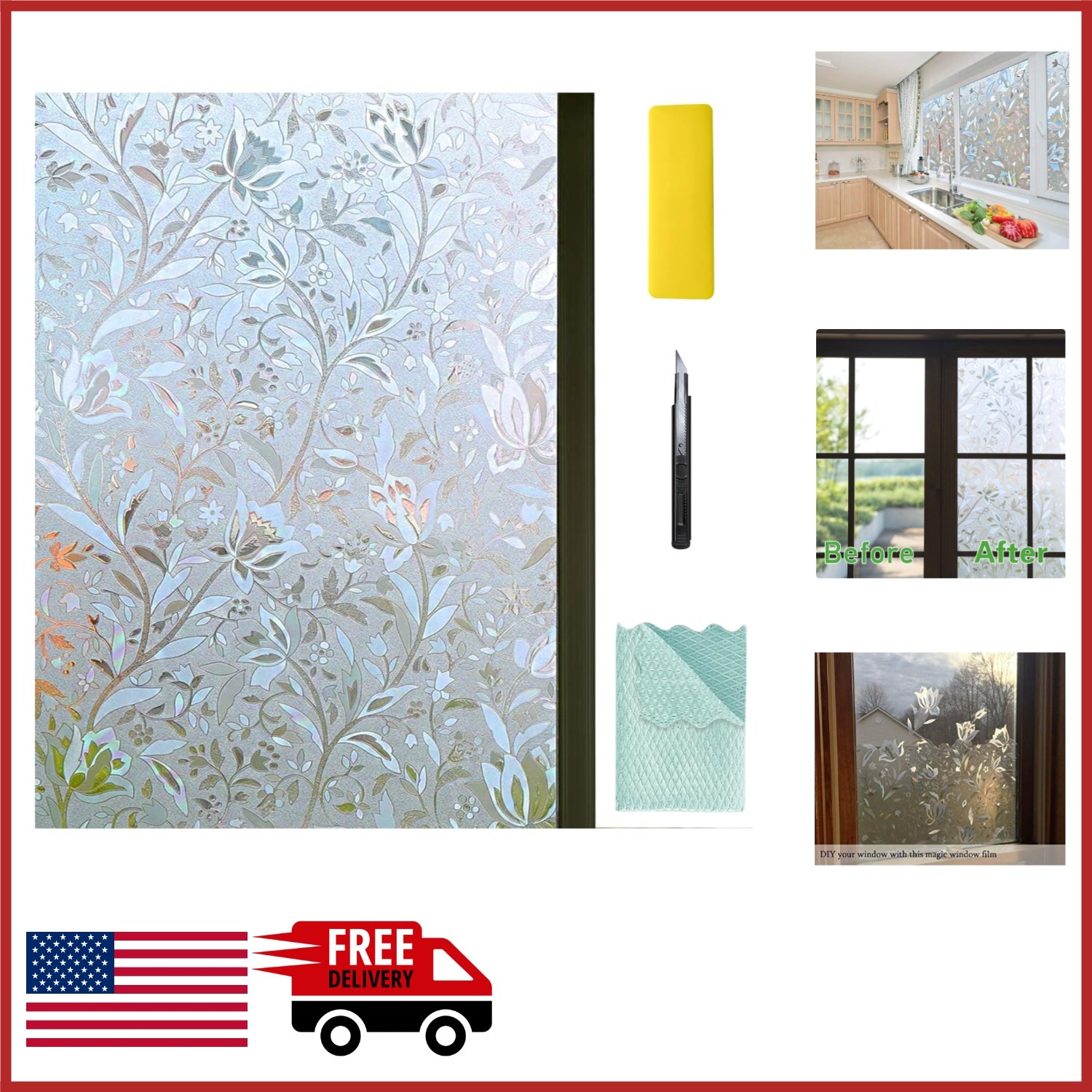 Window Privacy Film 3D Frosting Decorative Cling Flower Anti-UV 17.7″x78.7″