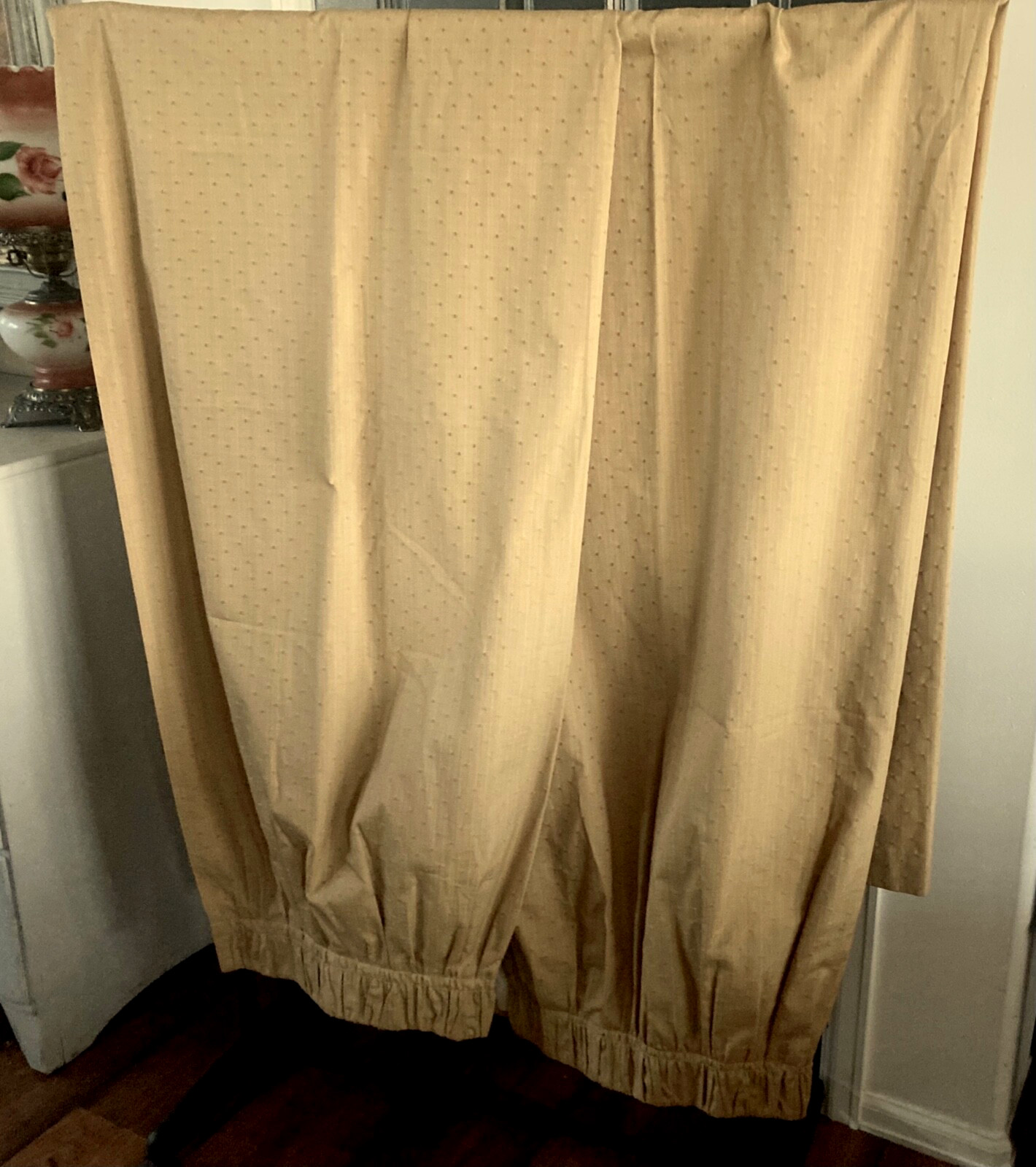 Pr Vtg Gold Custom Made Curtains Unlined Drapes Gathered Heading w Hooks, 40×86