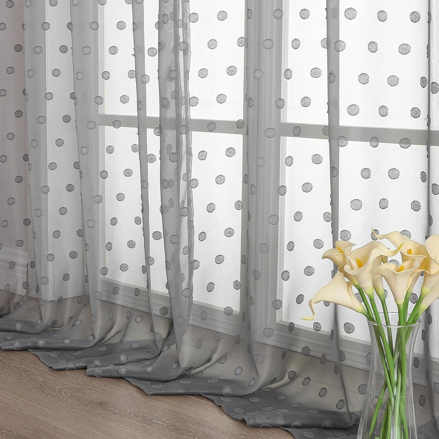 Simplebrand Polka Dots Grey Sheer Curtains 63 Inch Length 2 Panels, Elegant Airy