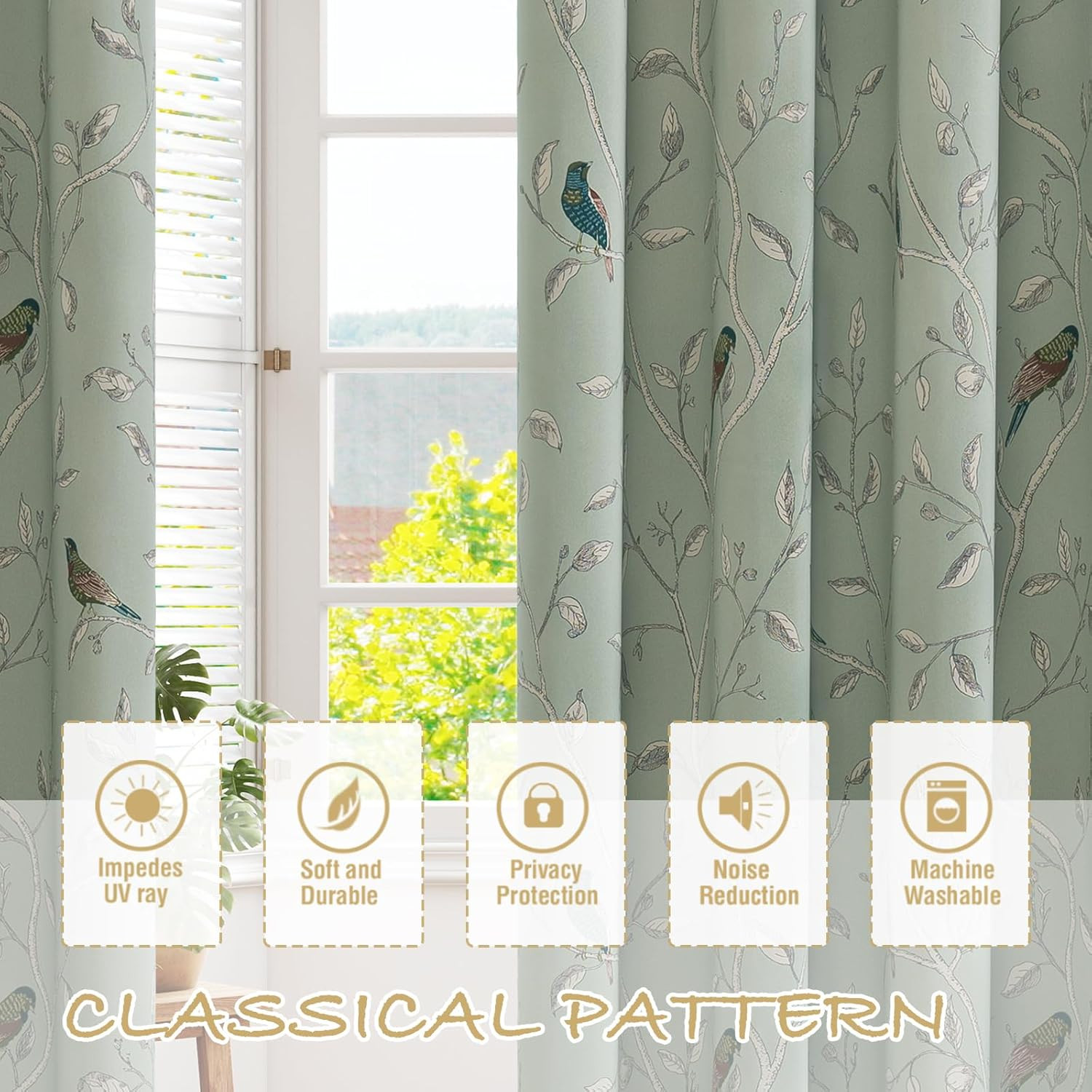Blackout Curtains for Bedroom 63 Inches Length Thermal Insulated Birds Rustic Pr