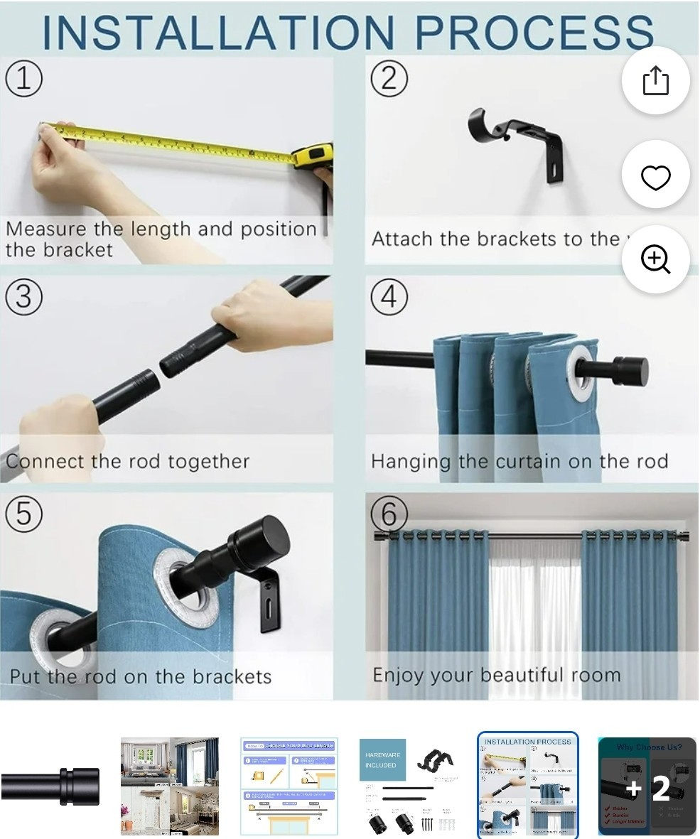 Byondeth Curtain Rods for Windows 16 to 88 Inches Adjustable Length 1 Inch