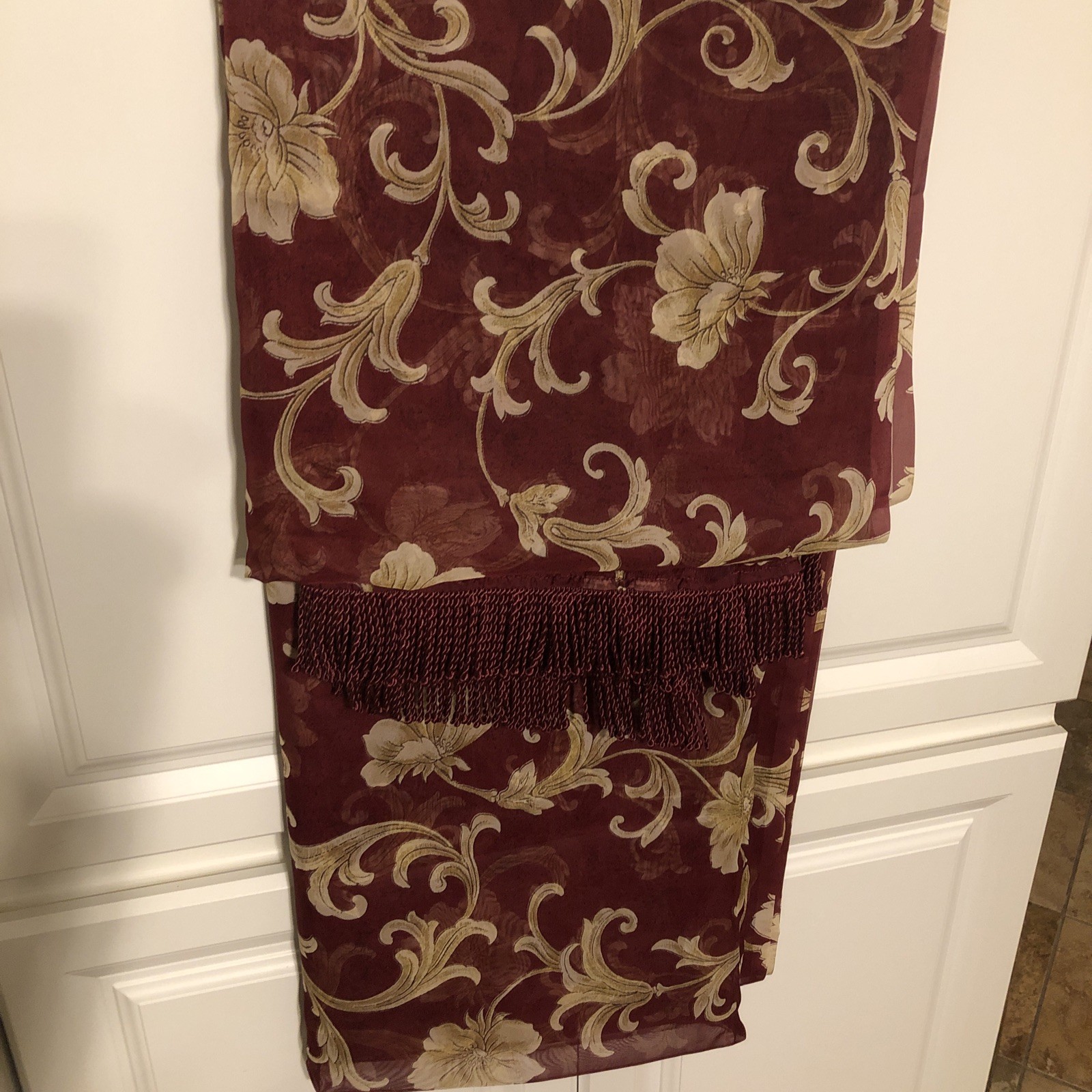 J C Penney, Burgundy Gold Window Scarf, 3″ Bullion Fringe Ends 206″L x 52″ wide