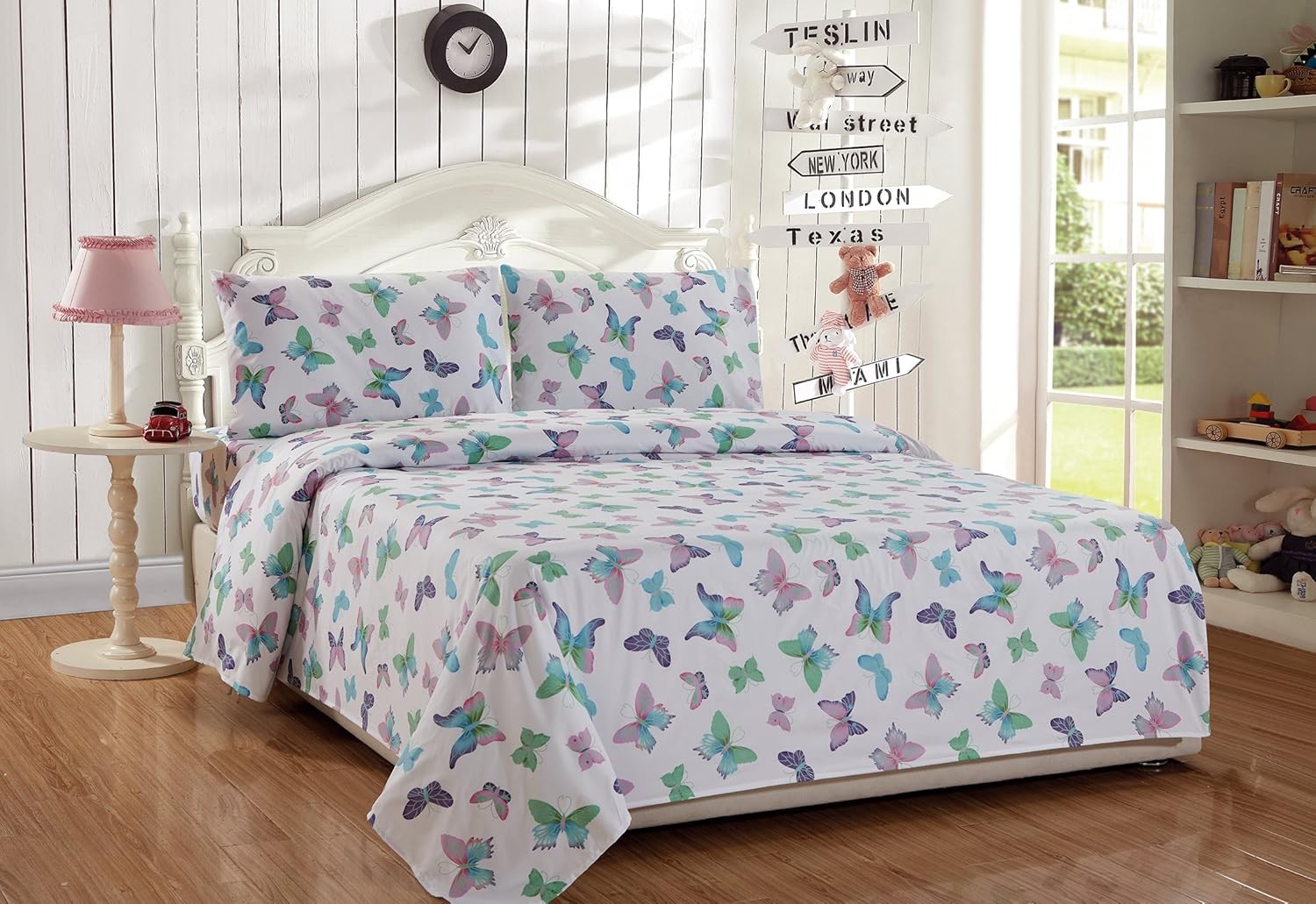 Linen Plus Sheet Set for Twin, Butterflies Purple White Green Turquoise Pink