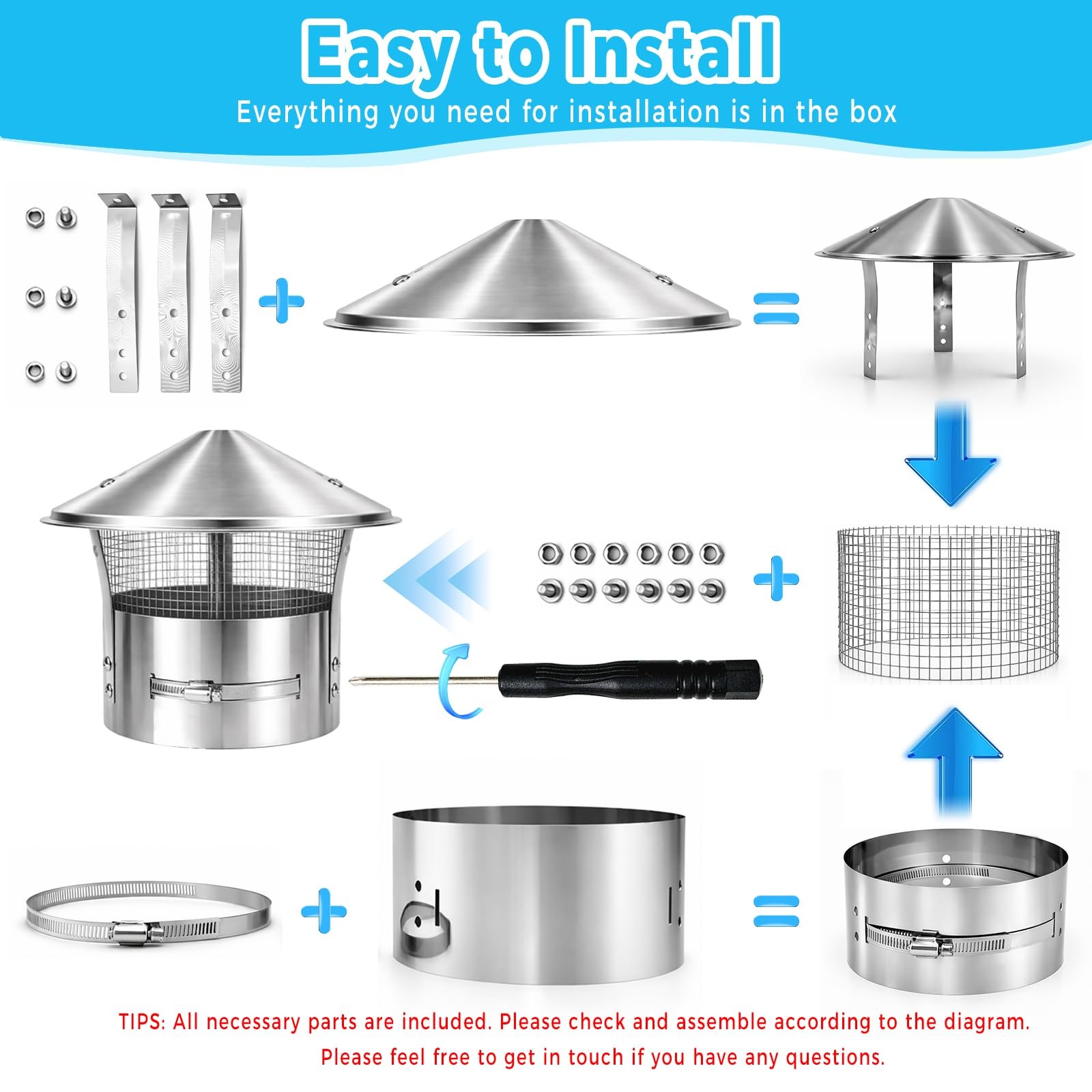 Rust-Proof 8 inch Chimney Cap -Adjustable Stainless Steel Chimney Cover with …