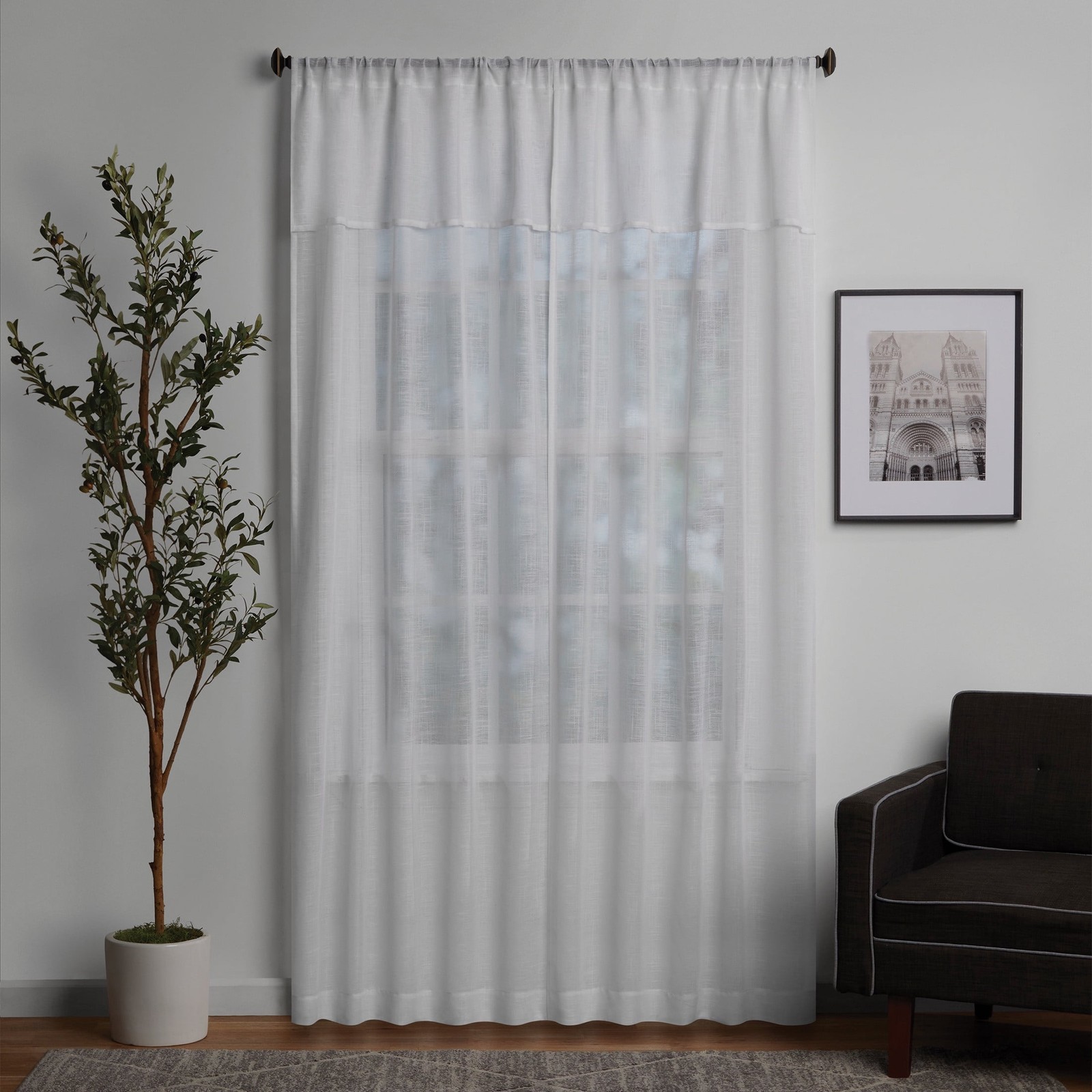 Sheer Curtain Panel Pair W/ Attached Valance Set of 2 White 37″W x 84″L