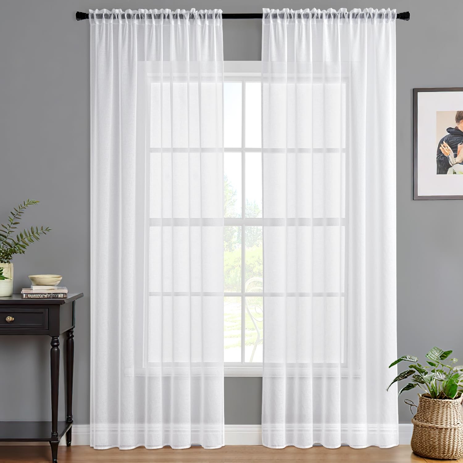 Sheer White Linen Curtains 84″ Long, 2 Panels, Light Filtering Window Drapes