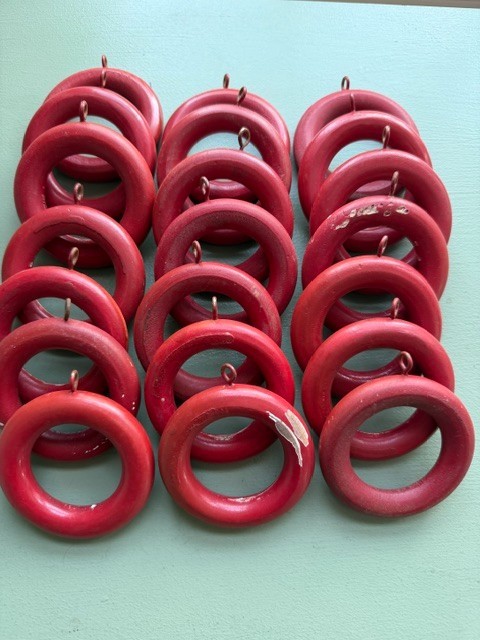 21 Large Vintage Red Wooden Curtain Drapery Hanging Rod Rings w/Eye Screw