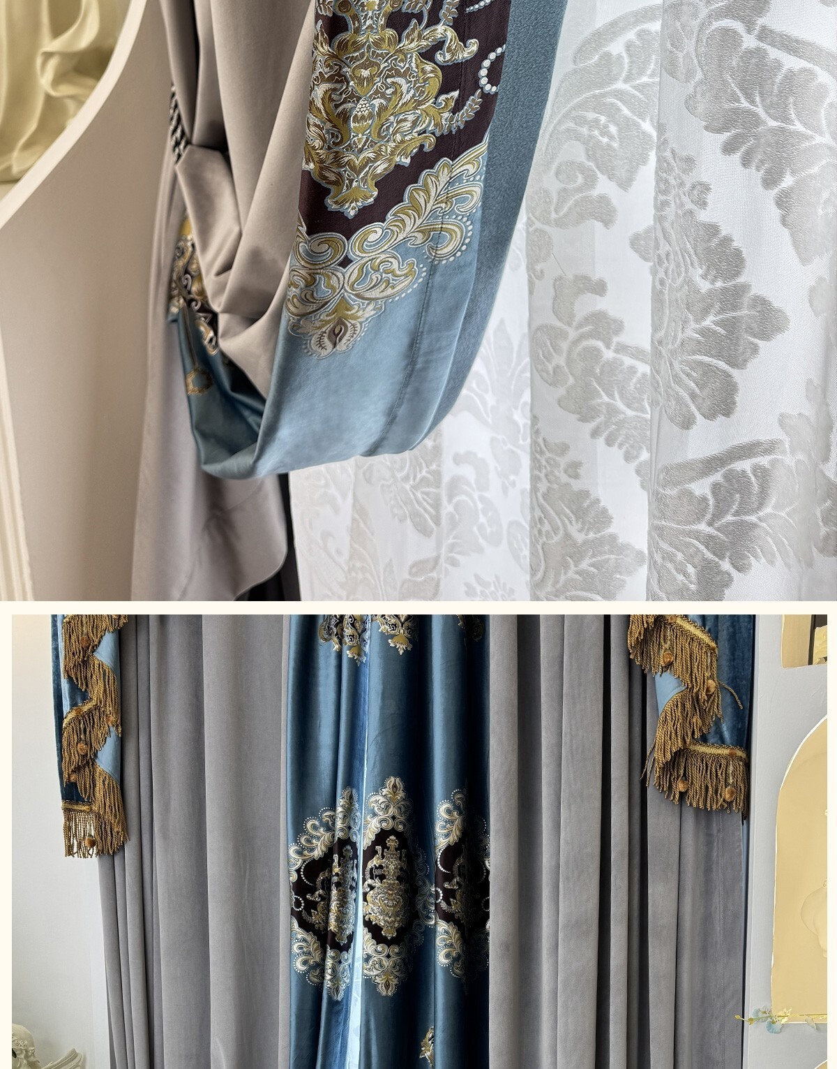 European elegant velvet splicing grey thick cloth curtain valance drape C2145
