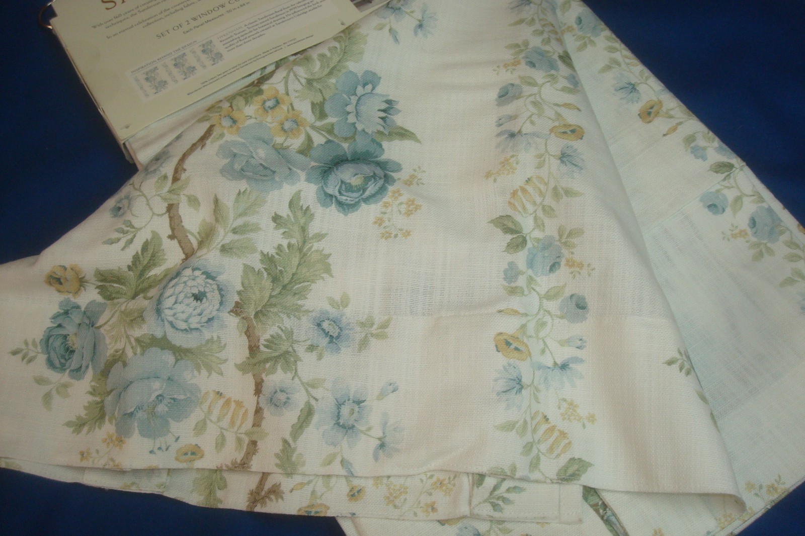 NWT Sanderson 2 pc Window Curtain Panels Hykenham Floral Aqua Blue Cotton 84″ lg