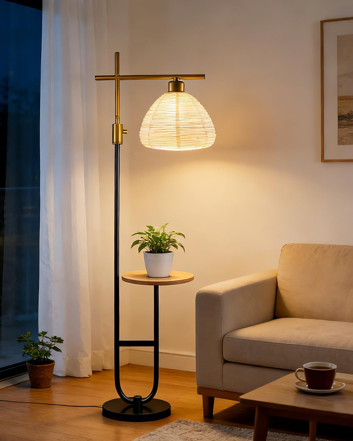 Gold & Black Dimmable Floor Lamp with Storage Table for Living Room/Bedroom