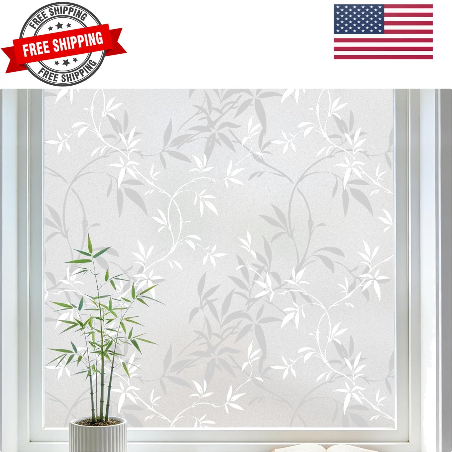 Window Privacy Film, Stained Glass Window Film Static Cling, Bamboo Decorativ…
