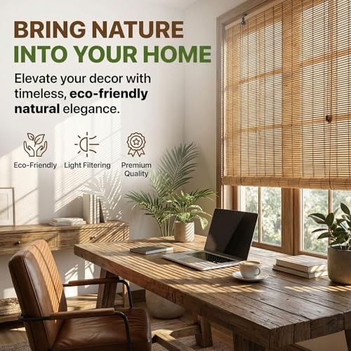 Bamboo Blinds for Interior Windows, Natural Roll Up Bamboo 23″W x 48″H A