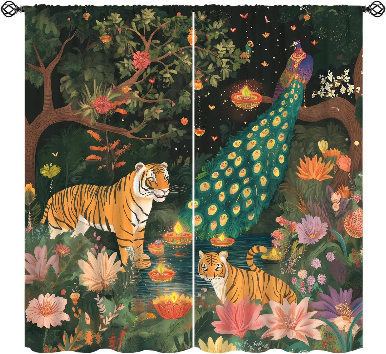 Tiger Curtains, Cartoon Tiger Colorful Peacock Pattern Window Treatments, Rod Po