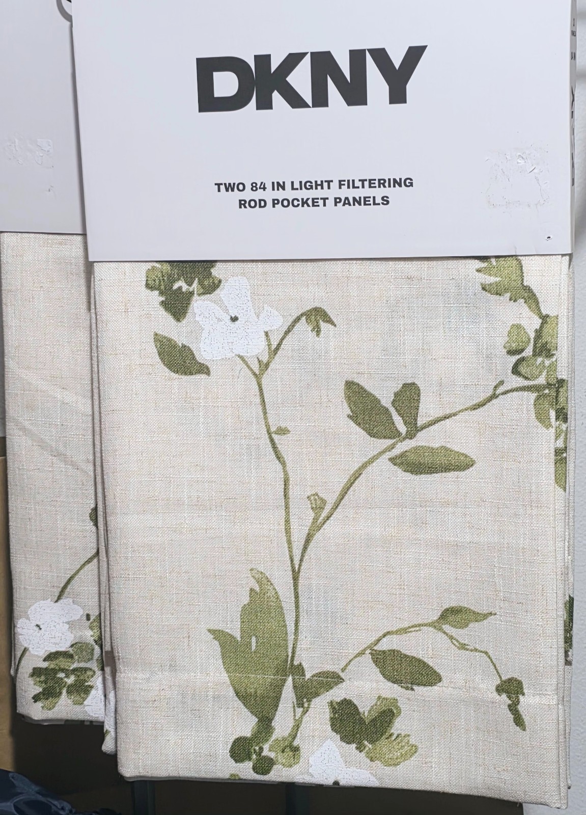 DKNY Floral Sketch Curtains Set of 4 37×84 Loden Natural Linen Blend New