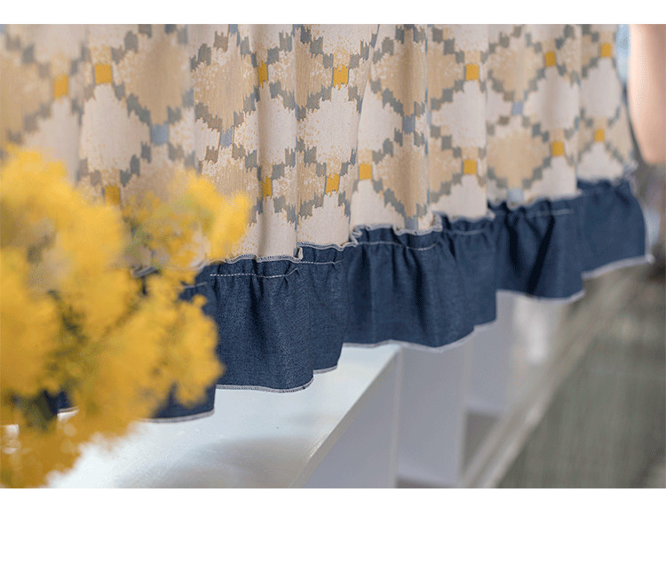 Euro Style Chic Diamond Design Elegant Wide Blue Frill Border Café Curtain