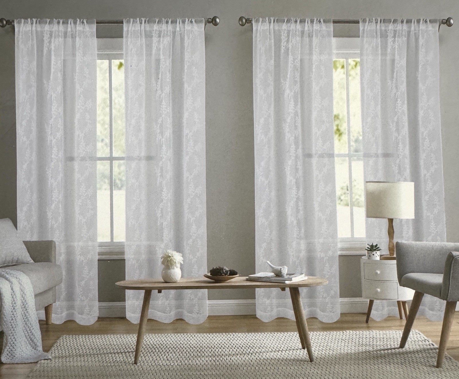 Laura Ashley Window Curtains 4 Panels 38 x 96″ Snow White Embroidered Sheer