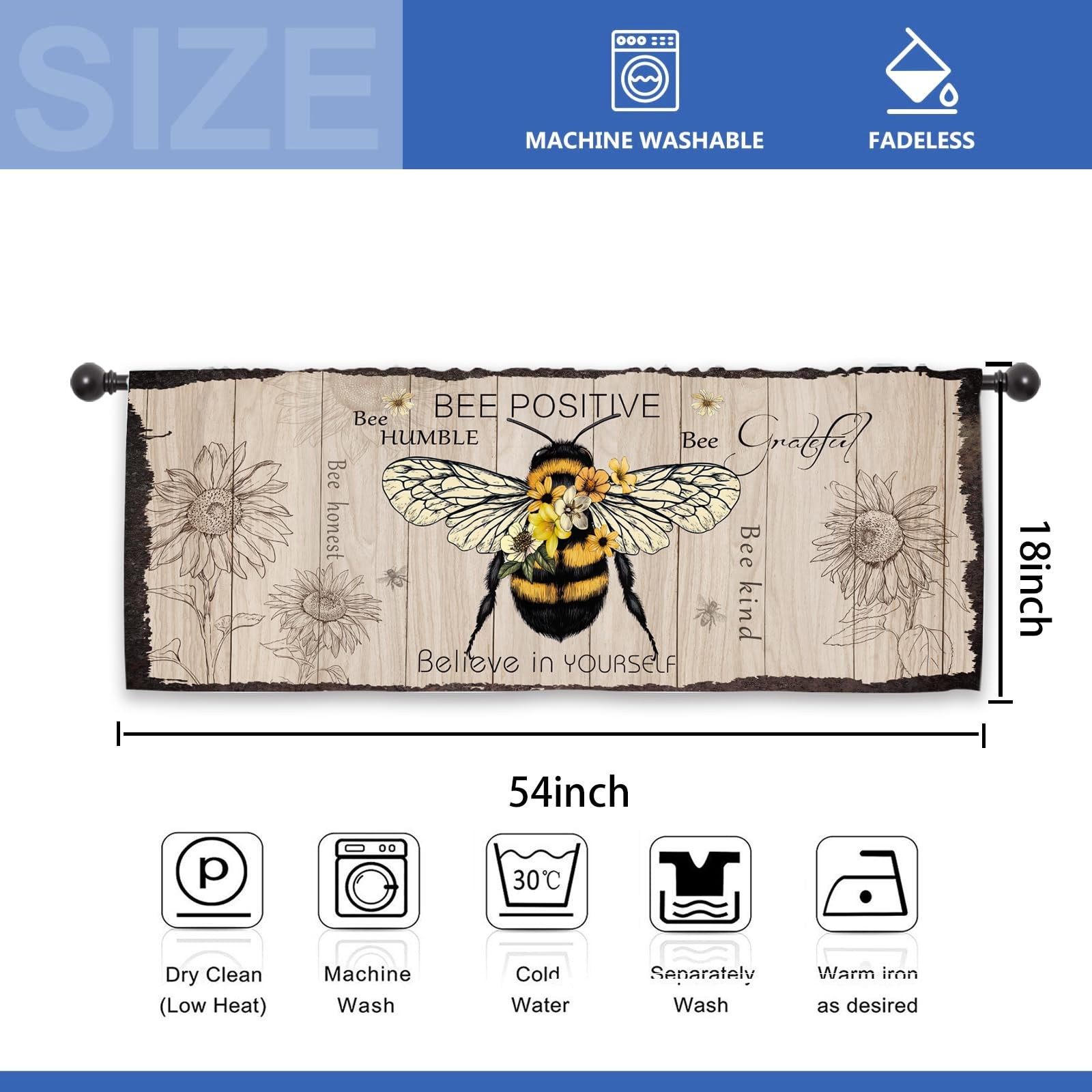 Rustic Bee Farmhouse Kitchen Curtain Valance 54W x 18L Inch Country Positive …