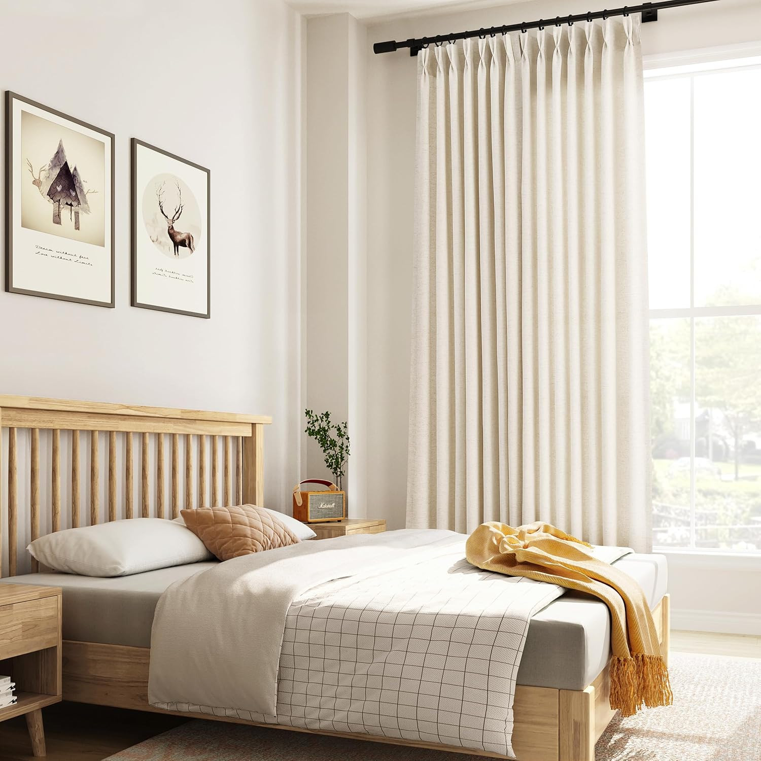Pinch Pleated Linen Curtains 96 Inch Length 2 Panels for Living Room Bedroom Nat