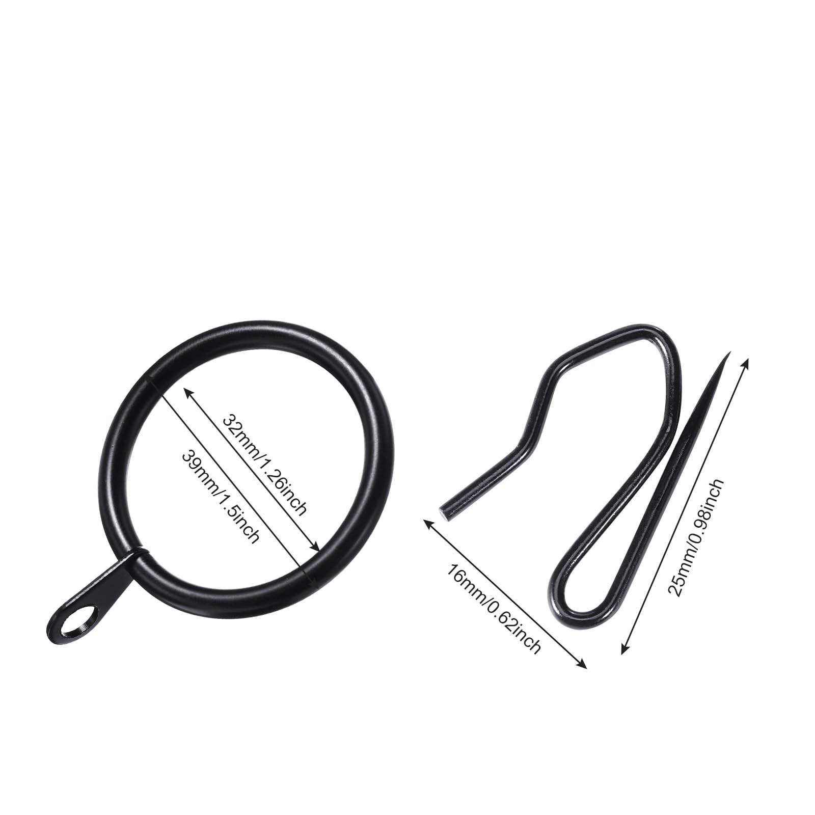 Complete Curtain Ring Set, 30 Metal Rings & 30 Hooks for Home, 32 mm, Black