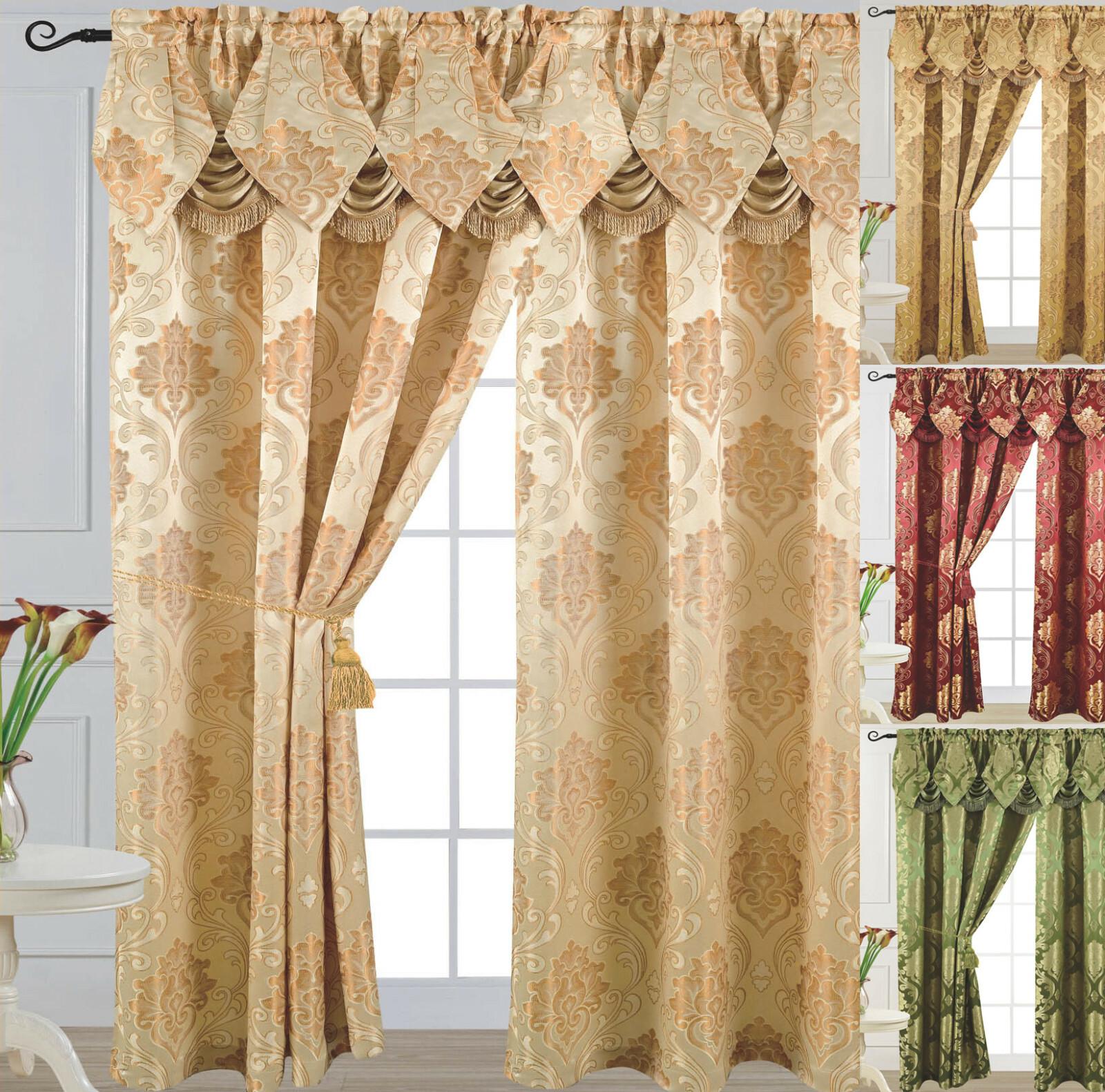 Angelina Luxury Jacquard Curtain Panel with Attached Waterfall Valance 54″ X 84″