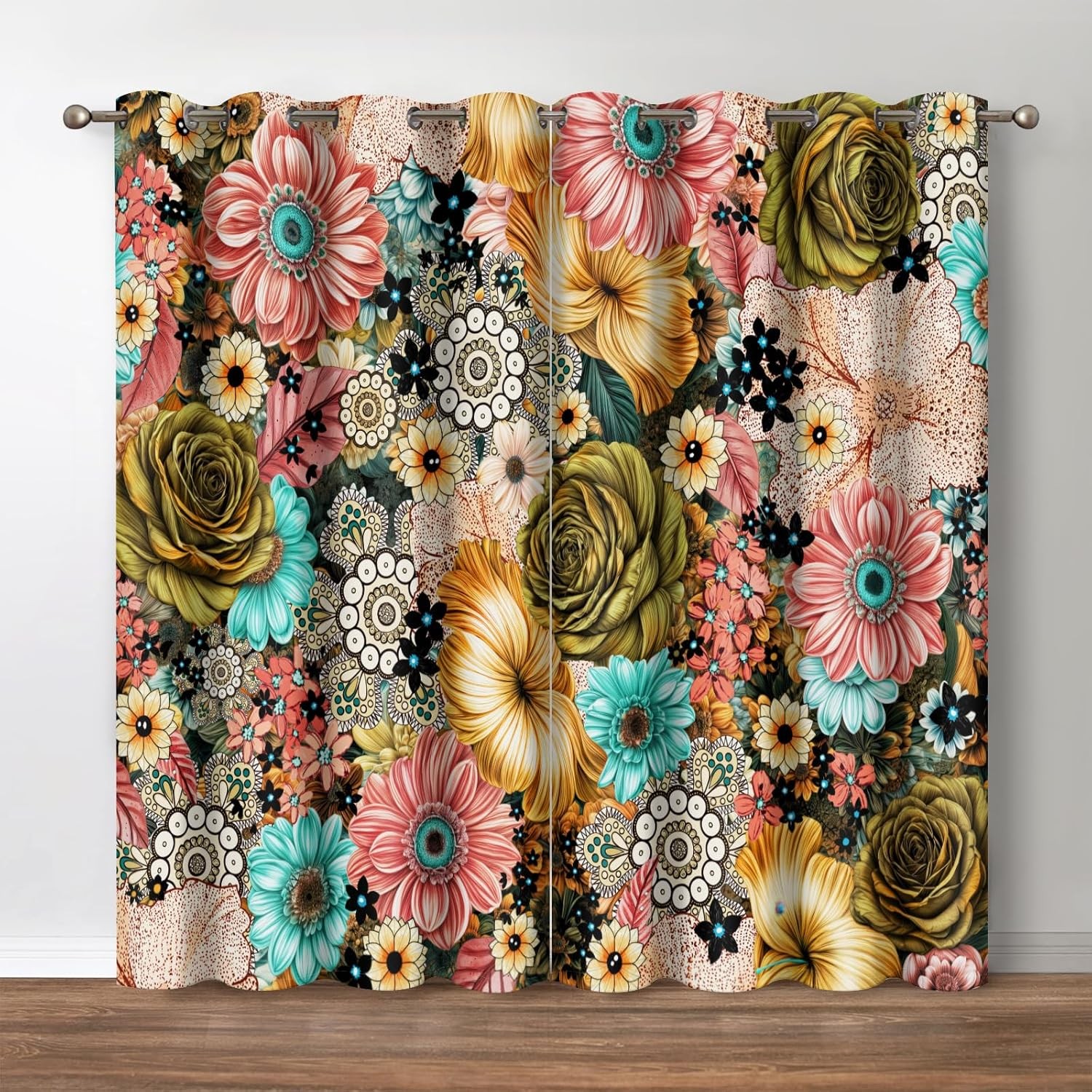 Boho Floral Blackout Curtains Colorful Flowers 42″W x 54″L (Pack of 2) Flower2
