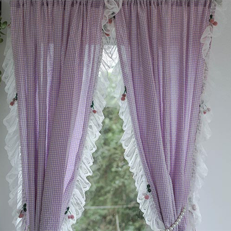 1 Panel Lace Checked Curtains Balcony Short Curtain Rod Pocket Light Filtering